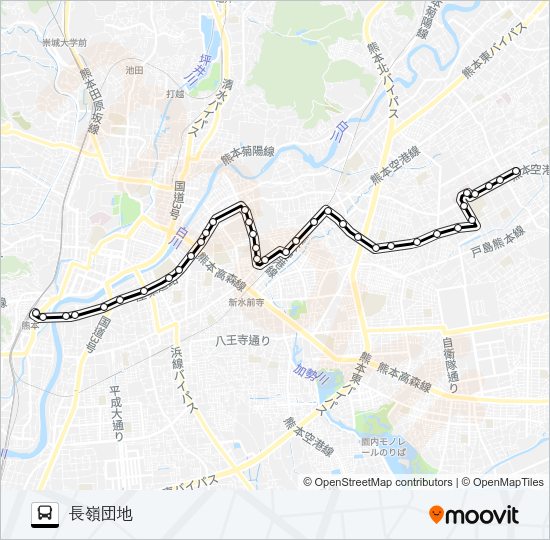 H4-1：熊本駅→大学病院→県立劇場→熊高正門→長嶺団地 Bus Line Map