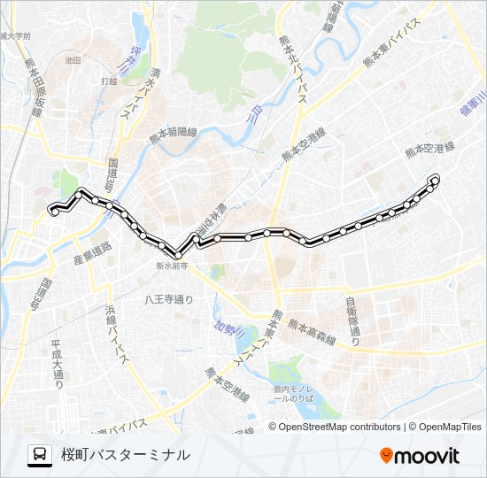 J1-2：小峯→新外→京塚→水前寺駅→桜町バスターミナル Bus Line Map
