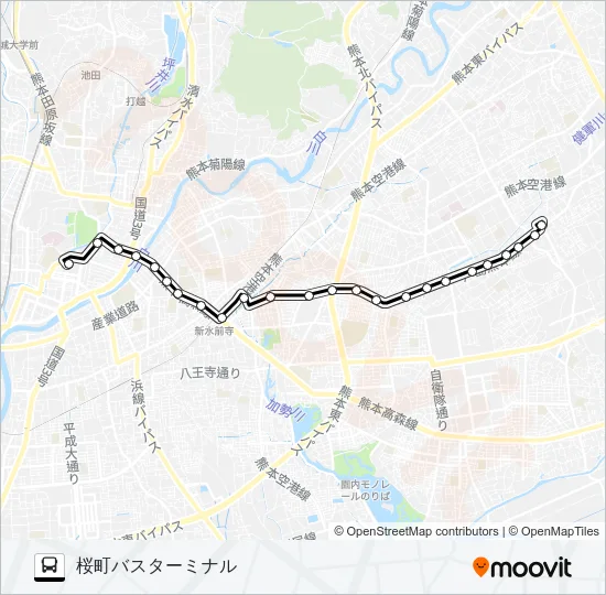 J1-2：小峯→新外→京塚→水前寺駅→桜町バスターミナル Bus Line Map