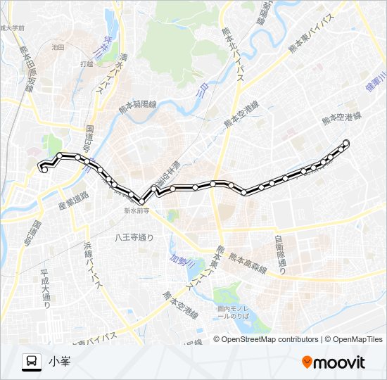 J1-2：桜町バスターミナル→水前寺駅→京塚→新外→小峯 Bus Line Map