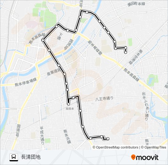 P3-1：変電所→桜町バスターミナル→南熊本駅→長溝団地 バスの路線図
