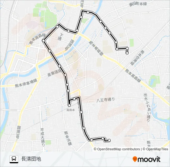 P3-1：変電所→桜町バスターミナル→南熊本駅→長溝団地 バスの路線図