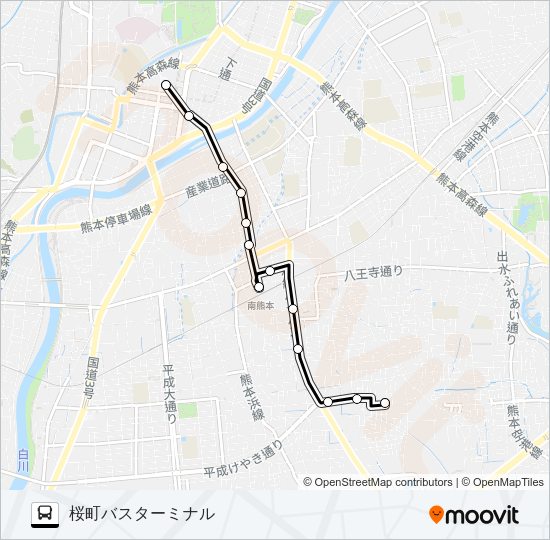 P3-1：長溝団地→南熊本駅→新市街→桜町バスターミナル バスの路線図