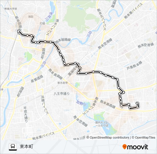 F4-2：上熊本駅→子飼→渡瀬→京塚→熊本市民病院→東本町 Bus Line Map