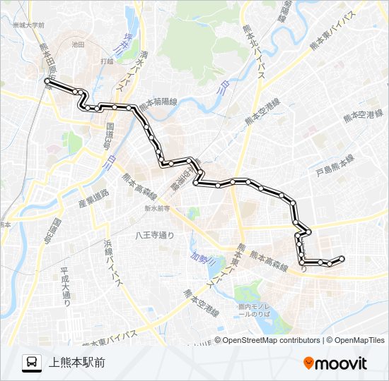F4-2：東本町→熊本市民病院→京塚→渡瀬→子飼→上熊本駅 Bus Line Map