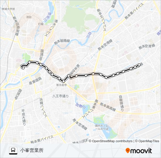 J1-1：桜町バスターミナル→水前寺駅→京塚→新外→小峯営業所 Bus Line Map