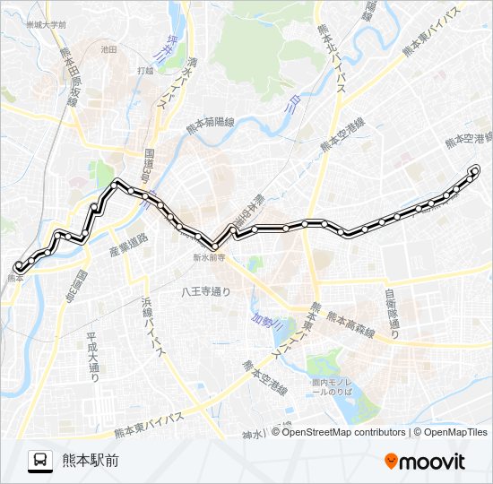 J1-2：小峯→新外→京塚→水前寺駅→桜町バスターミナル→熊本駅 Bus Line Map