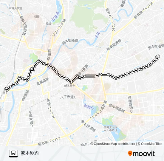 J1-2：小峯→新外→京塚→水前寺駅→桜町バスターミナル→熊本駅 バスの路線図