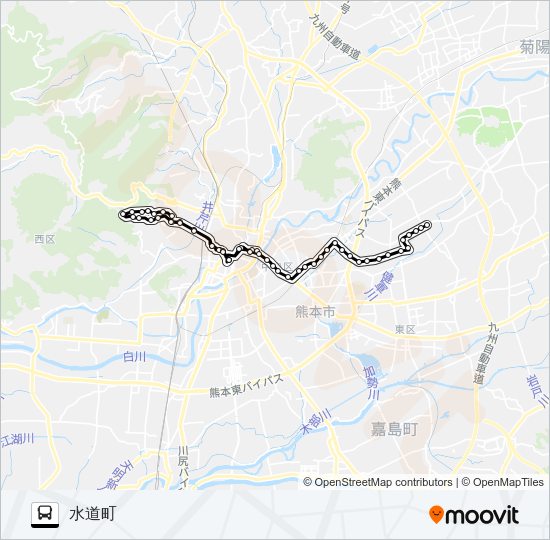 W1-1：長嶺団地→熊高正門→桜町バスターミナル→荒尾橋→水道町 Bus Line Map