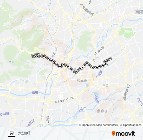 W1-1：長嶺団地→熊高正門→桜町バスターミナル→荒尾橋→水道町 バスの路線図