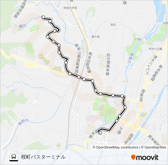B1-2：柿原公民館→花園→本妙寺電停→壺井橋→桜町バスターミナル Bus Line Map