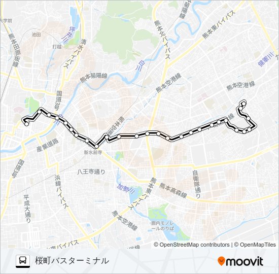 J2-2：小峯→東稜高校→新外→京塚→水前寺駅→桜町バスターミナル バスの路線図