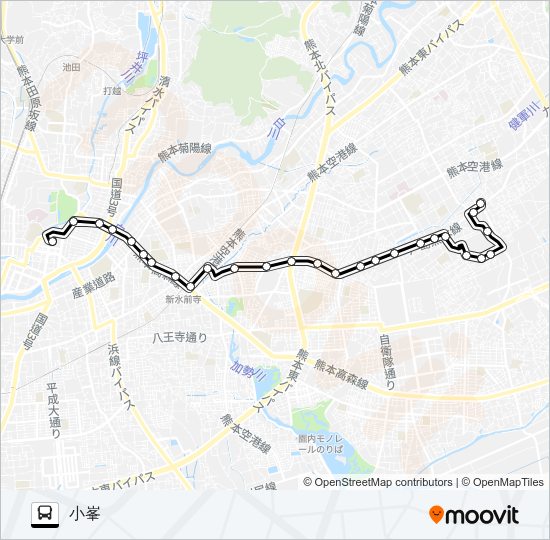 J2-2：桜町バスターミナル→水前寺駅→京塚→新外→東稜高校→小峯 Bus Line Map