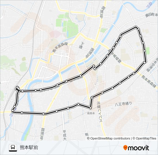 O3-0：熊本駅→本荘町→大学病院構内→県立劇場→南熊本駅→熊本駅 Bus Line Map