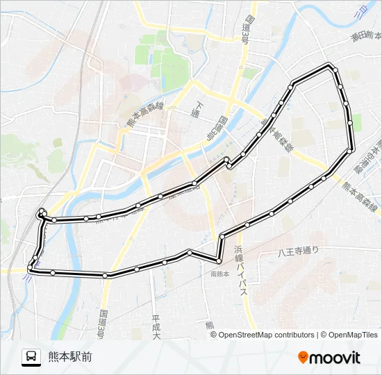 O3-0：熊本駅→本荘町→大学病院構内→県立劇場→南熊本駅→熊本駅 バスの路線図
