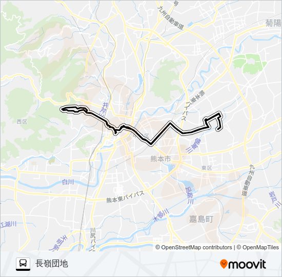 H2-1/W2-1：小峯営業所→水前寺駅→荒尾橋→水前寺駅→長嶺団地 Bus Line Map