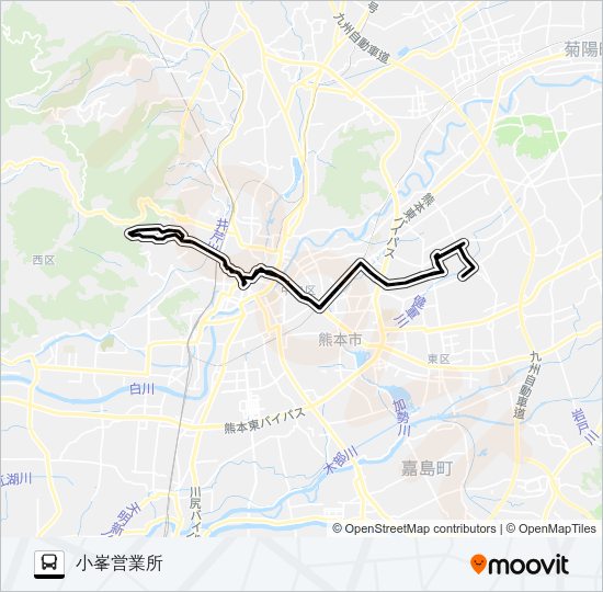 H2-1/W2-1：長嶺団地→水前寺駅→荒尾橋→水前寺駅→小峯営業所 Bus Line Map