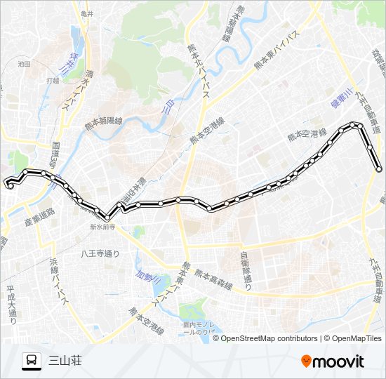 J1-3：桜町バスターミナル→水前寺駅→京塚→小峯→戸島団地→三山荘 Bus Line Map