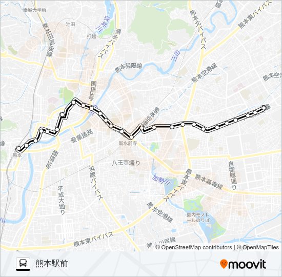 J1-1：小峯営業所→新外→京塚→水前寺駅→桜町バスターミナル→熊本駅 Bus Line Map