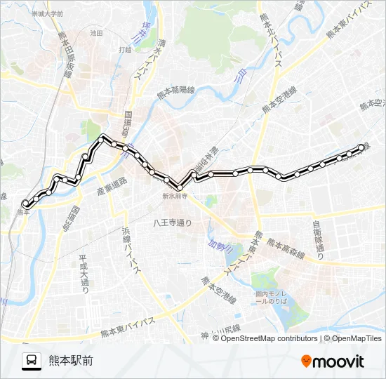 J1-1：小峯営業所→新外→京塚→水前寺駅→桜町バスターミナル→熊本駅 バスの路線図