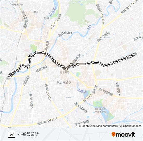 J1-1：熊本駅→桜町バスターミナル→水前寺駅→京塚→新外→小峯営業所 バスの路線図