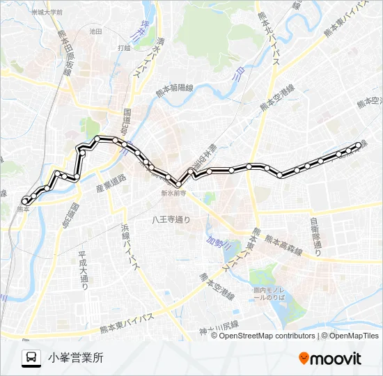 J1-1：熊本駅→桜町バスターミナル→水前寺駅→京塚→新外→小峯営業所 バスの路線図