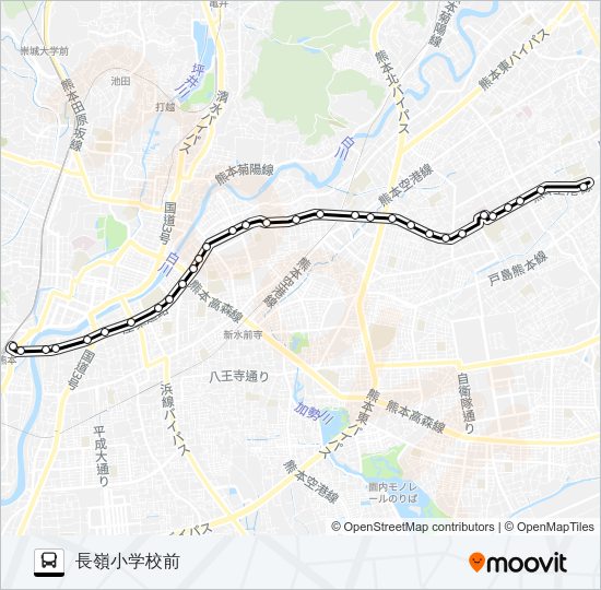 G1-6：熊本駅→大学病院→大江渡鹿→保田窪四ツ角→日赤病院→長嶺小学校 Bus Line Map