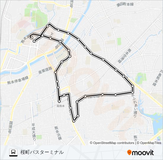 P0-0：桜町バスターミナル→下通筋→南熊本駅→画図道→桜町バスターミナル Bus Line Map