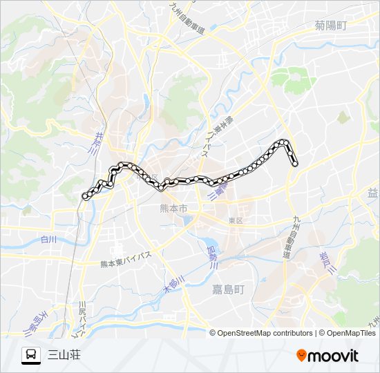 J1-3：熊本駅→桜町バスターミナル→水前寺駅→京塚→小峯→戸島団地→三山荘 Bus Line Map