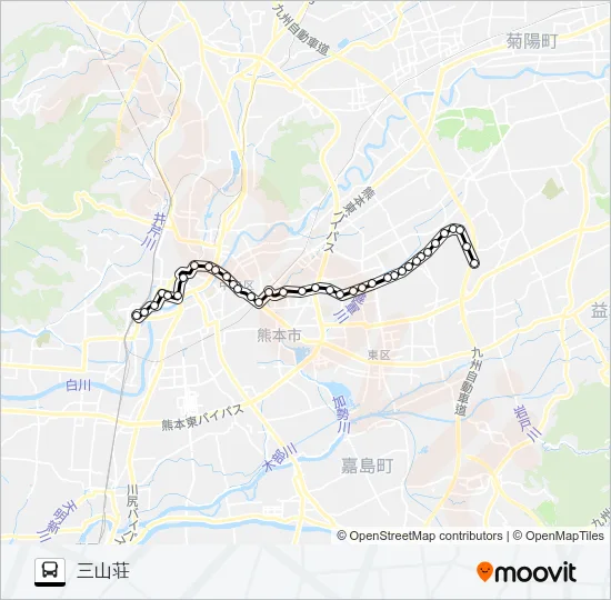 J1-3：熊本駅→桜町バスターミナル→水前寺駅→京塚→小峯→戸島団地→三山荘 バスの路線図