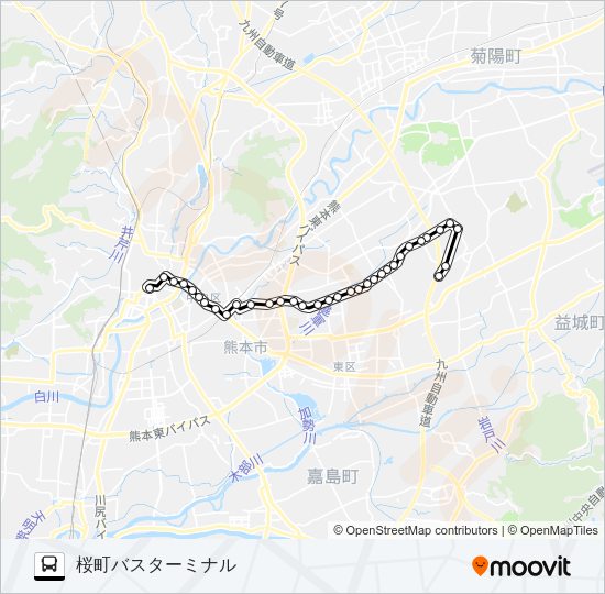 J3-3：三山荘→東部交流センター→葉山団地→小峯→京塚→水前寺駅→桜町バスターミナル バスの路線図