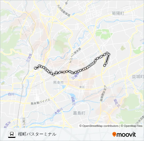 J3-3：三山荘→東部交流センター→葉山団地→小峯→京塚→水前寺駅→桜町バスターミナル バスの路線図