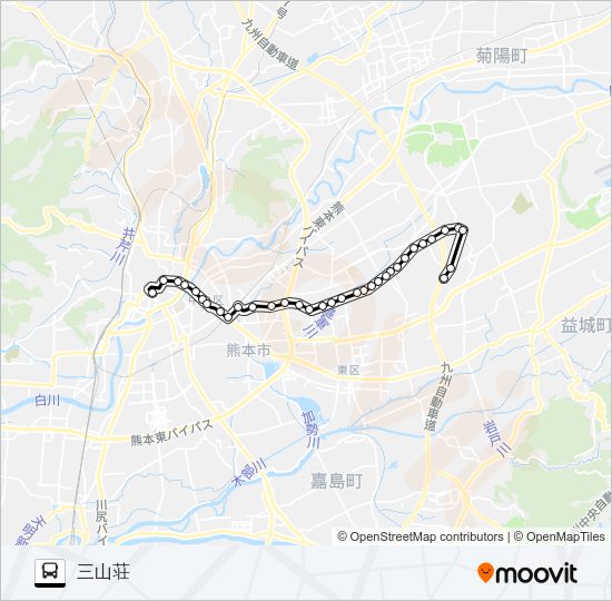 J3-3：桜町バスターミナル→水前寺駅→京塚→小峯→葉山団地→東部交流センター→三山荘 Bus Line Map