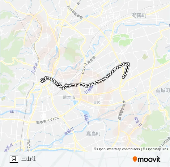 J3-3：桜町バスターミナル→水前寺駅→京塚→小峯→葉山団地→東部交流センター→三山荘 バスの路線図