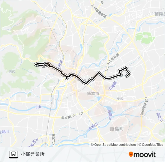 H1-1/W1-1：長嶺団地→熊高正門→荒尾橋→桜町バスターミナル→熊高正門→小峯営業所 バスの路線図