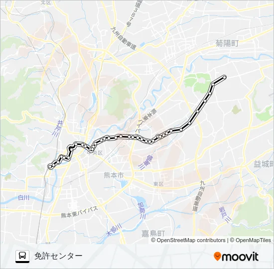 G1-5：熊本駅→桜町バスターミナル→熊本整形外科病院前→大江渡鹿→保田窪四ツ角→日赤病院→長嶺団地→長嶺小学校→パークドーム→免許センター バスの路線図