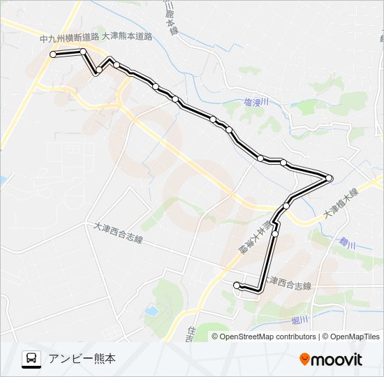 北ルート　辻久保→アンビー熊本 Bus Line Map