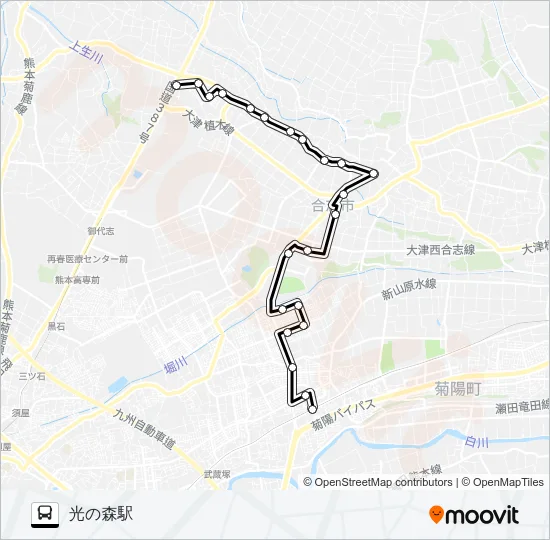 北ルート　辻久保→アンビー熊本→光の森駅 バスの路線図