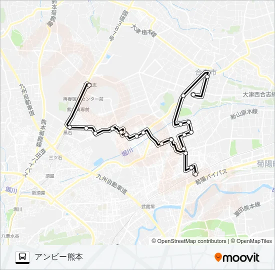 南ルート　御代志→泉ヶ丘→光の森駅→アンビー熊本 バスの路線図