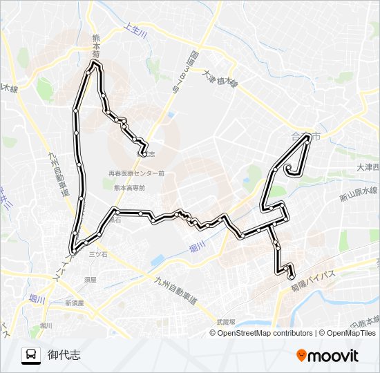 南ルート　アンビー熊本→光の森駅→泉ヶ丘→ユーパレス弁天→御代志 Bus Line Map