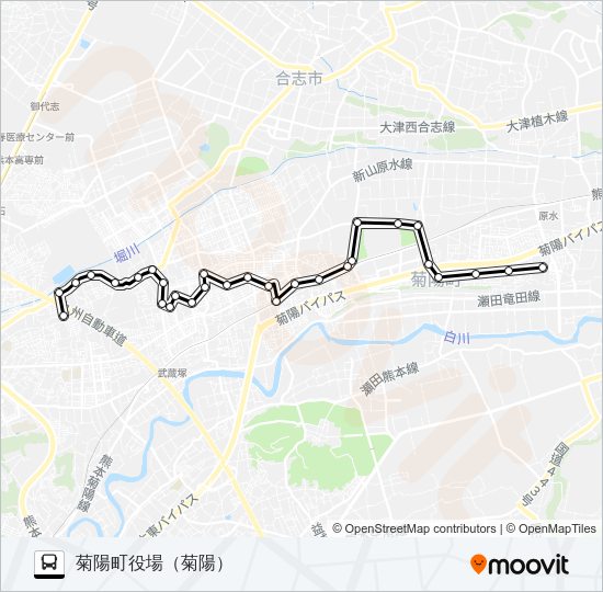 西部線　向陽台→キャロッピア→光の森駅→菊陽町図書館→菊陽町役場 Bus Line Map