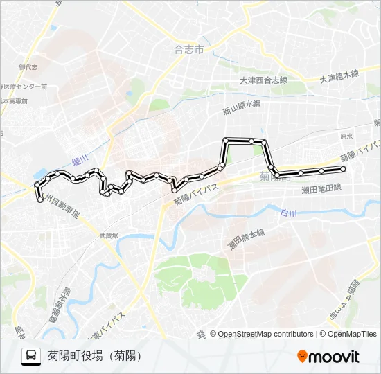 西部線　向陽台→キャロッピア→光の森駅→菊陽町図書館→菊陽町役場 Bus Line Map