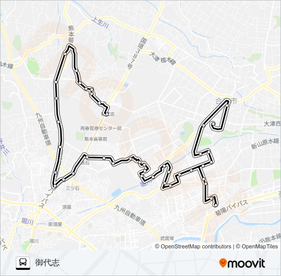 南ルート　アンビー熊本→光の森駅→すずかけ台→黒石団地→ユーパレス弁天→御代志 Bus Line Map