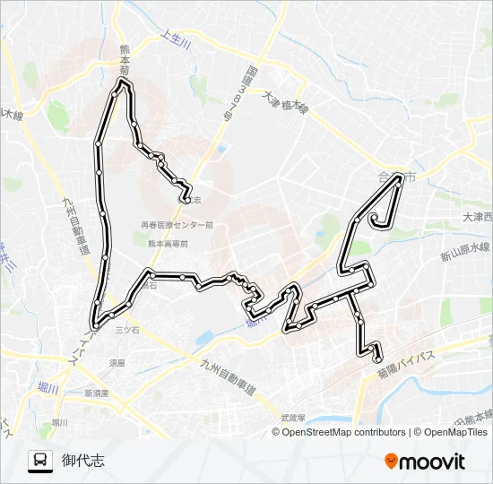 南ルート　アンビー熊本→光の森駅→すずかけ台→黒石団地→ユーパレス弁天→御代志 バスの路線図