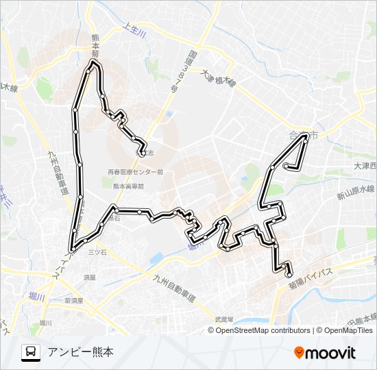 南ルート　御代志→ユーパレス弁天→黒石団地→すずかけ台→光の森駅→アンビー熊本 Bus Line Map
