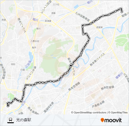 E2-2：桜町バスターミナル→水道町→子飼橋→竜田口駅前→二里木→楠団地→光の森駅 Bus Line Map