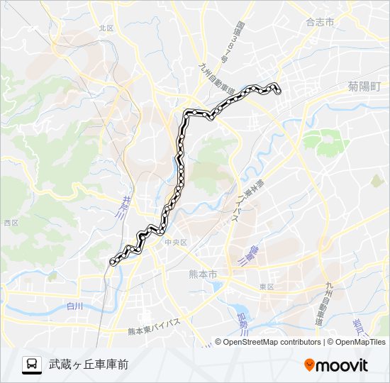 C5-3：熊本駅前→桜町バスターミナル→水道町→三軒町→堀川→新地団地→武蔵ヶ丘車庫前 Bus Line Map