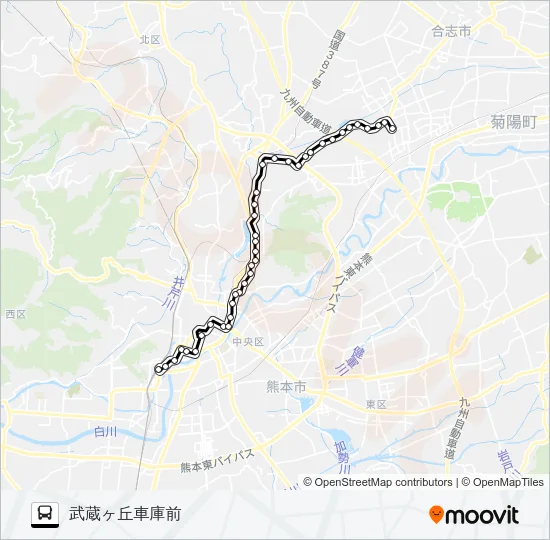 C5-3：熊本駅前→桜町バスターミナル→水道町→三軒町→堀川→新地団地→武蔵ヶ丘車庫前 バスの路線図