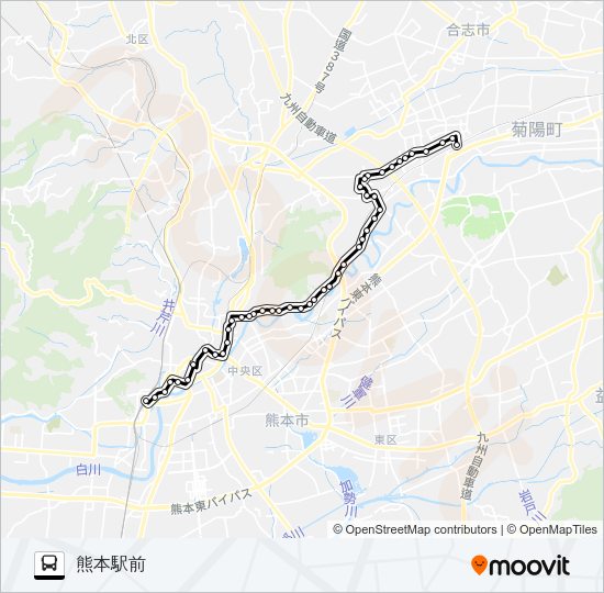 E2-2：光の森駅前→楠団地→二里木→竜田口駅前→子飼橋→桜町バスターミナル→熊本駅前 Bus Line Map