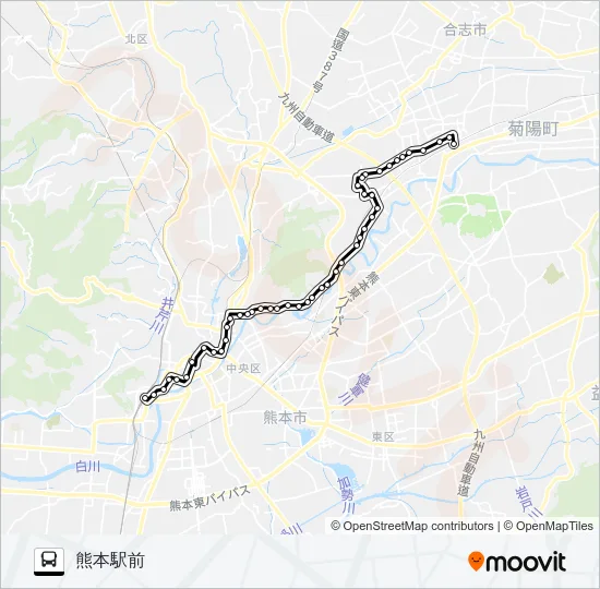 E2-2：光の森駅前→楠団地→二里木→竜田口駅前→子飼橋→桜町バスターミナル→熊本駅前 バスの路線図
